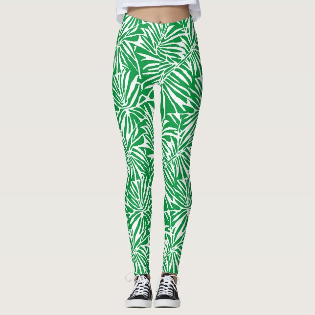 White And Green Tropical Leaf Repeating Pattern Leggings (Front)