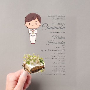 White and Greenery Floral First Communion Acrylic Invitations