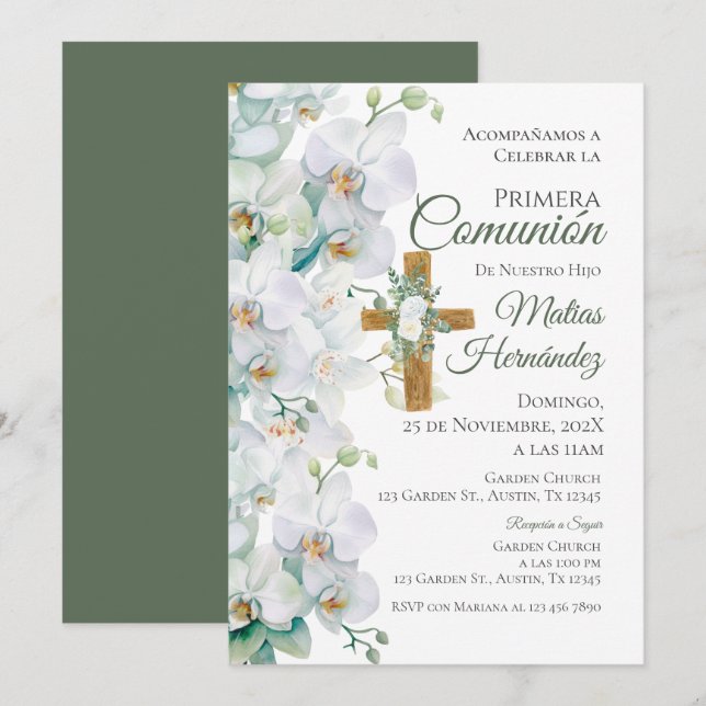 White and Greenery Floral First Communion Invitation (Front/Back)
