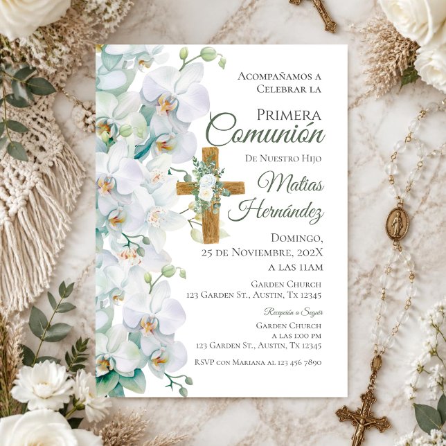 White and Greenery Floral First Communion Invitation (Creator Uploaded)