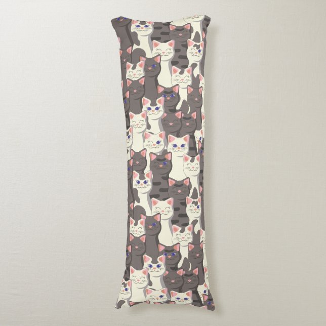 White and grey cats pattern body cushion (Front Vertical)