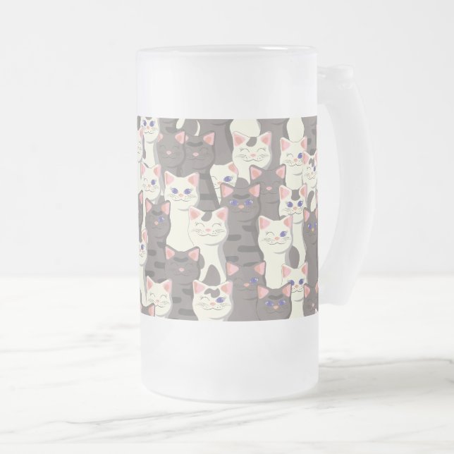 White and grey cats pattern frosted glass beer mug (Front Right)