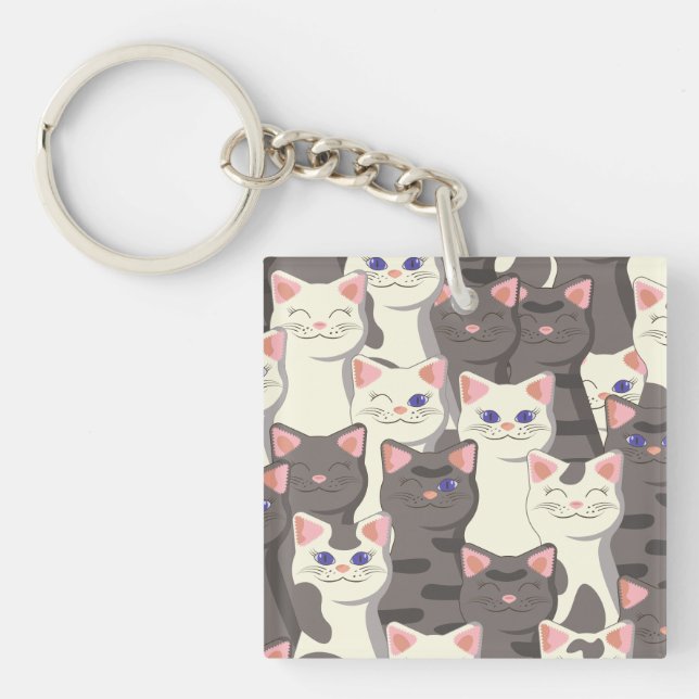 White and grey cats pattern key ring (Front)