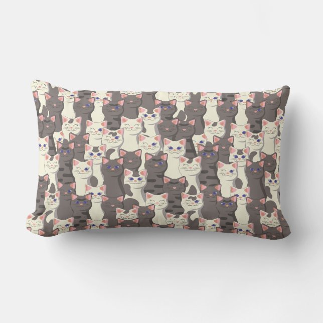 White and grey cats pattern lumbar cushion (Front)