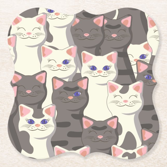 White and grey cats pattern paper coaster (Front)