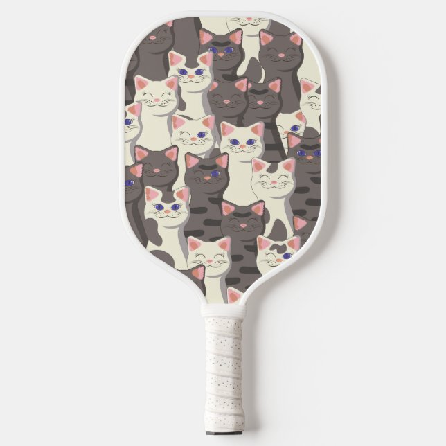 White and grey cats pattern pickleball paddle (Front)