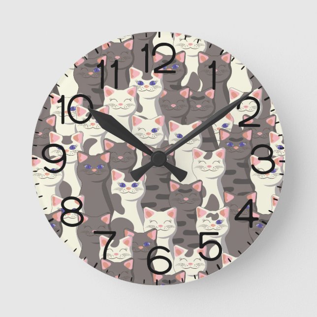 White and grey cats pattern round clock (Front)
