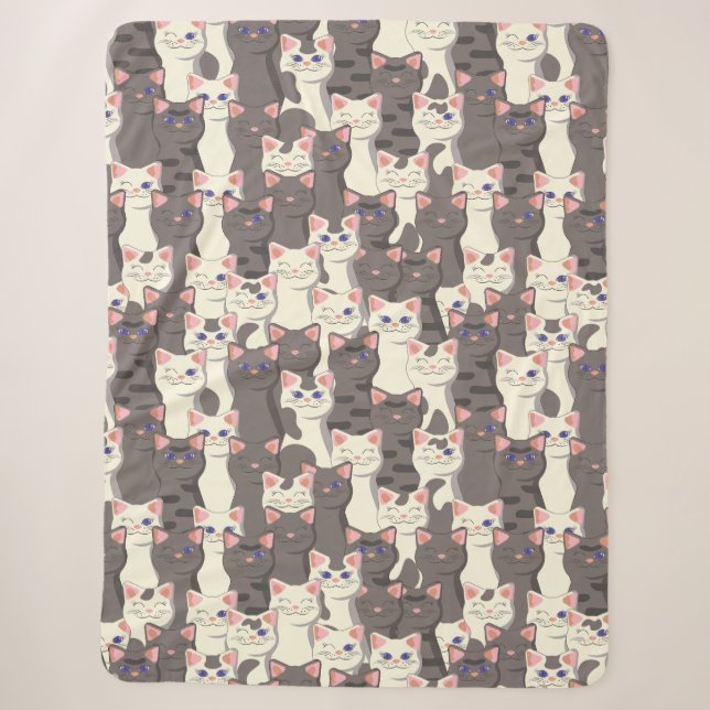 White and grey cats pattern sherpa blanket (Front)