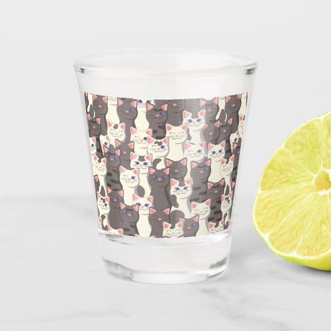 White and grey cats pattern shot glass (Front)