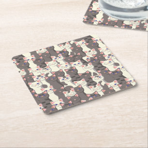 White and grey cats pattern square paper coaster