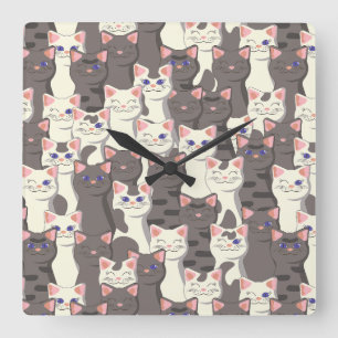 White and grey cats pattern square wall clock