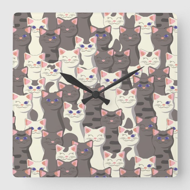 White and grey cats pattern square wall clock (Front)