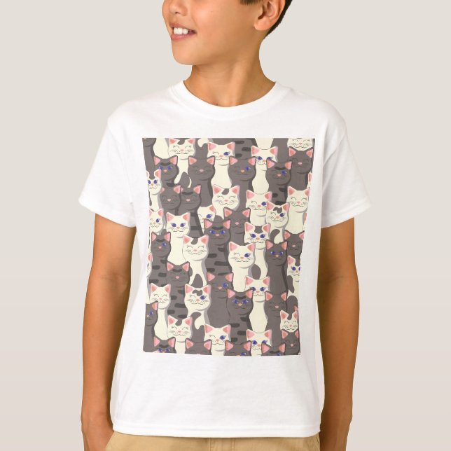 White and grey cats pattern T-Shirt (Front)