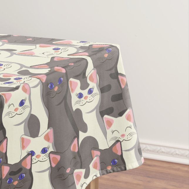 White and grey cats pattern tablecloth (In Situ)