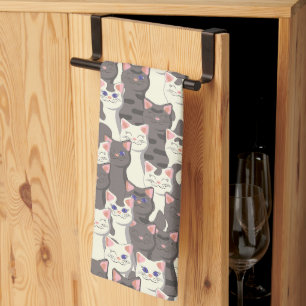 White and grey cats pattern tea towel