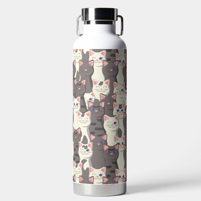 White and grey cats pattern water bottle (Front)
