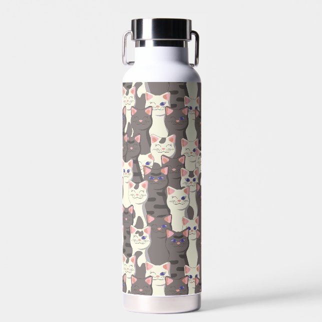 White and grey cats pattern water bottle (Front)