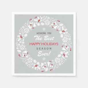 White And Grey Christmas Wreath Happy Holidays Napkin