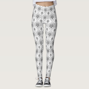 White and grey Damask openwork pattern Leggings