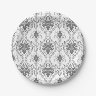 White and grey Damask openwork pattern Paper Plate