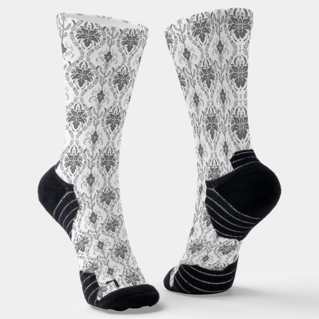 White and grey Damask openwork pattern Socks (Angled)