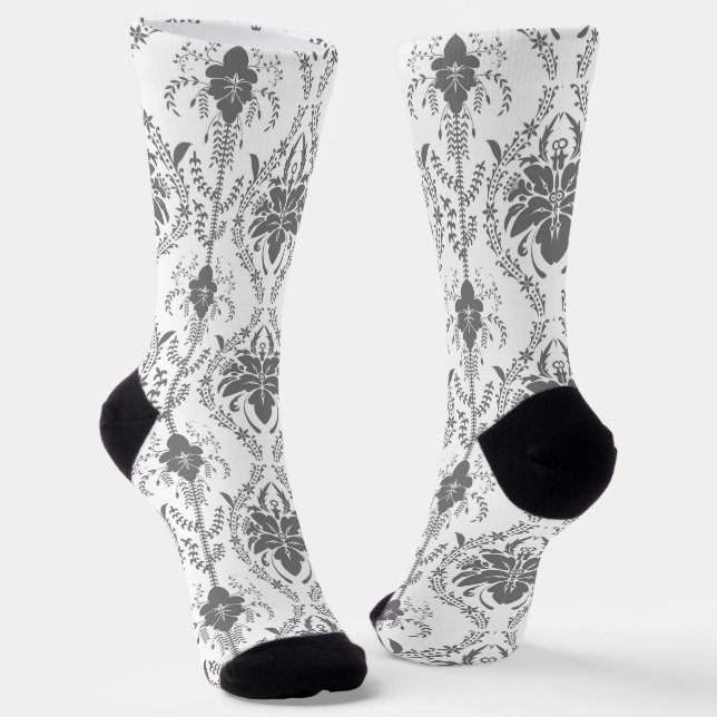 White and grey Damask openwork pattern Socks (Angled)