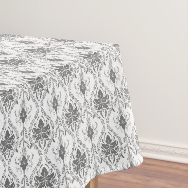 White and grey Damask openwork pattern Tablecloth (In Situ)