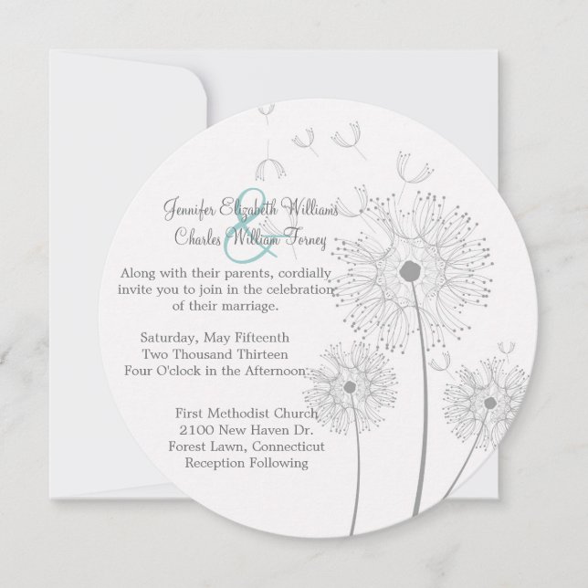 White and Grey Dandelion Circle Wedding Invitation (Front)