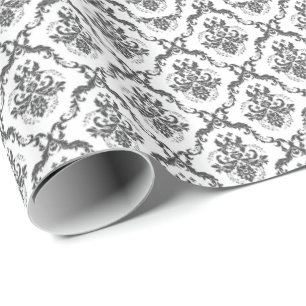 White And Grey Floral Damasks Pattern Wrapping Paper