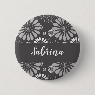 White and grey floral pattern 6 cm round badge