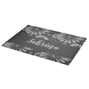 White and grey floral pattern cutting board