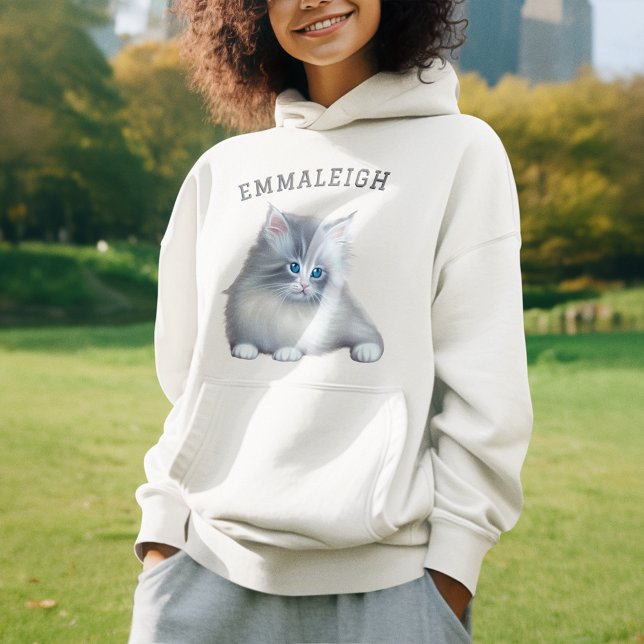 White and Grey Fluffy Furry Kitten Monogrammed Hoodie (Creator Uploaded)