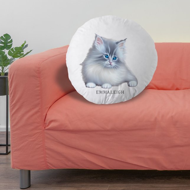White and Grey Fluffy Furry Kitten Round Cushion (Creator Uploaded)