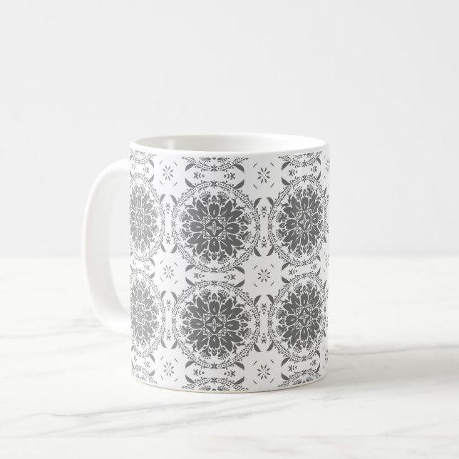 White and grey folklore ornament damask coffee mug (Front Left)