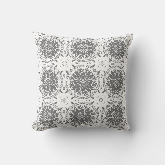 White and grey folklore ornament damask cushion (Front)