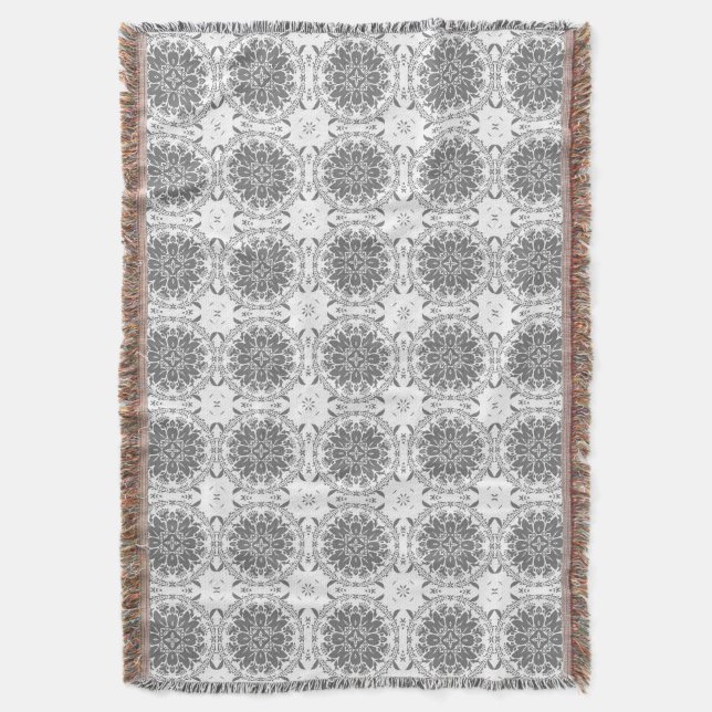 White and grey folklore ornament damask throw blanket (Front Vertical)