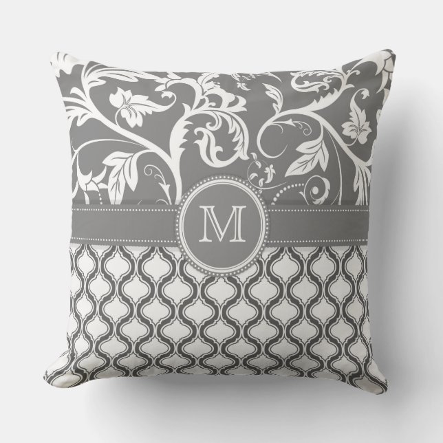 White And Grey Geometric Pattern And Floral Design Cushion (Front)
