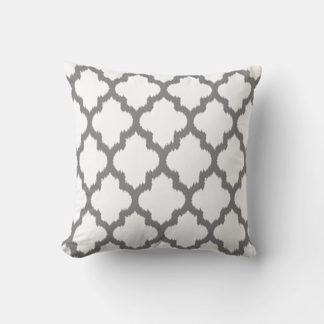White And Grey Ikat Quatrefoil Reversable Pattern Cushion (Front)