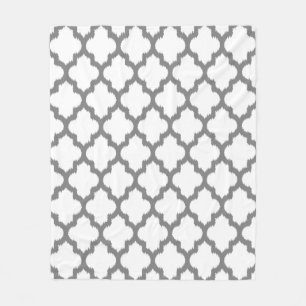 White And Grey Ikat Quatrefoil Reversable Pattern Fleece Blanket