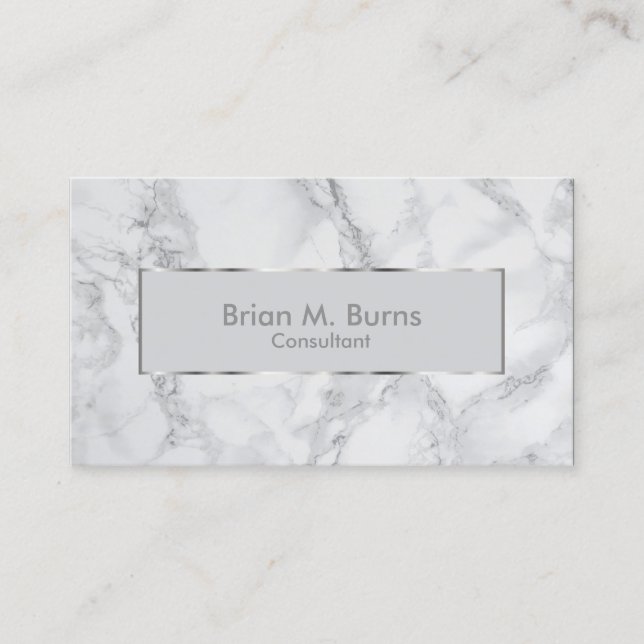 White and Grey Marble and Metallic Silver Design Business Card (Front)