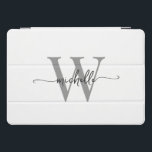 White And Grey Personalised Monogram Name Script iPad Pro Cover<br><div class="desc">Girly Elegant White And Grey Simple Minimal Monogram Initial Name Script Custom Personalised iPad Cover. These design featuring your first name in a pretty hand lettered style swash tail font typography (or calligraphy) with monogram initial in grey and black on white background. These are easy to customise. Great stylish feminine...</div>