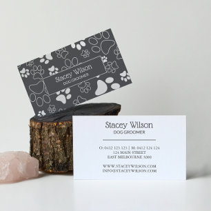 White And Grey Pet Groomer Paw Print Business Card