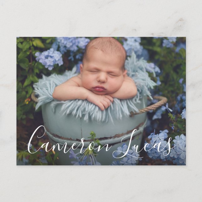 White and Grey Script Calligraphy Collage Birth  Announcement Postcard (Front)