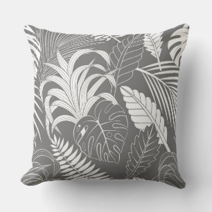 White and grey tropical leaves cushion