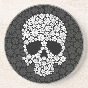 White and Grey Wild Flowers Skull Coaster