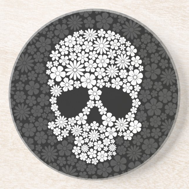 White and Grey Wild Flowers Skull Coaster (Front)