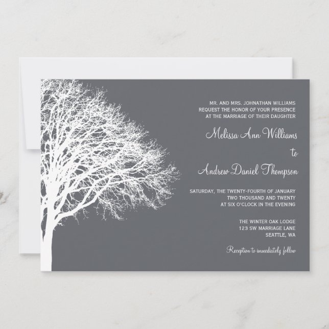 White and Grey Winter Oak Wedding Invitation (Front)