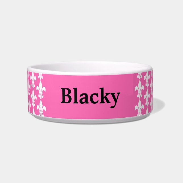 White and Hot Pink Fleur de Lis Pattern Bowl (Front)