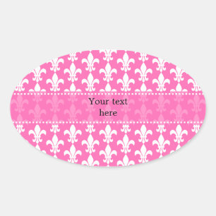 White and Hot Pink Fleur de Lis Pattern Oval Sticker
