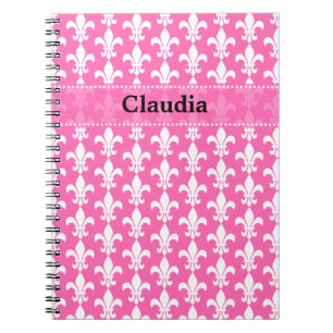 White and Hot Pink Fleur de Lis Pattern Spiral Notebook